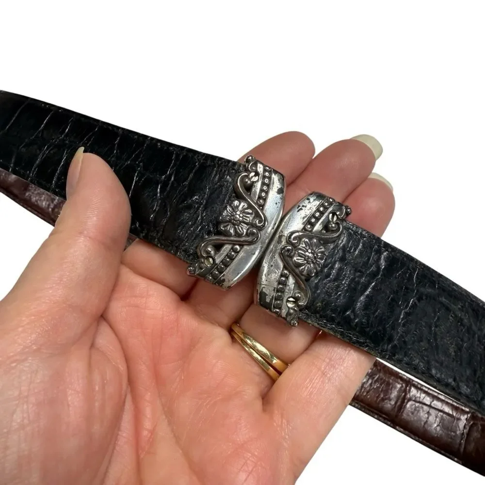 Vintage Reversible Leather Belt Brown Black Ornate Silvertone Embellishments L